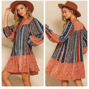 Boho Long Sleeve Multicolor Striped Floral Print Dress W/Ruffle Hem & Smocked-NE